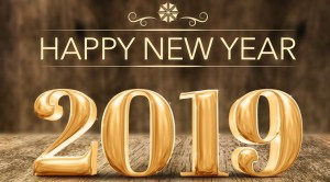 Gold shiny Happy New year 2019 3d rendering at wooden block table and blur wood wall,Holiday greeting card for social media.